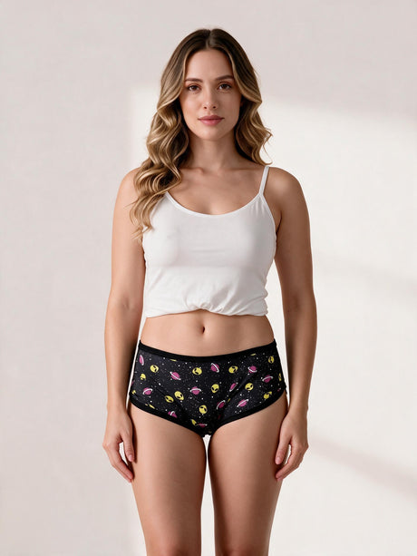 Calcinha Absorvente Hot Pants Noturna Preta Estampada Charmelle - vista frontal