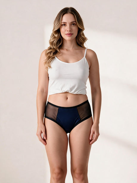 Calcinha Absorvente Hot Pants com Tule Azul Marinho Charmelle - vista frontal