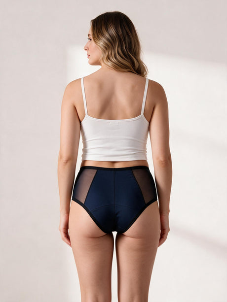 Calcinha Absorvente Hot Pants com Tule Azul Marinho Charmelle - vista traseira