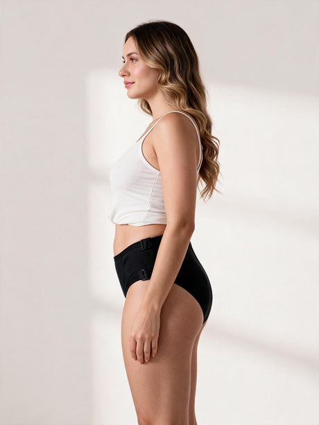 Calcinha Absorvente com Ajuste Lateral Preta Charmelle - perfil direito
