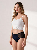 Calcinha Absorvente Hot Pants com Tule Azul Marinho Charmelle - vista frontal em três quartos