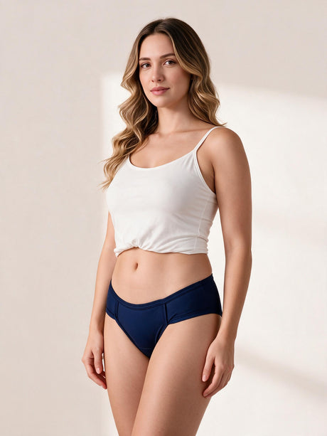Calcinha Absorvente Hot Pants Uso Diário Azul Marinho Charmelle - vista frontal em três quartos