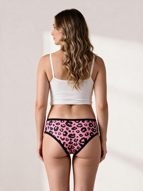 Calcinha Absorvente Hot Pants Uso Diário Estampa Onça Rosa Charmelle - vista traseira